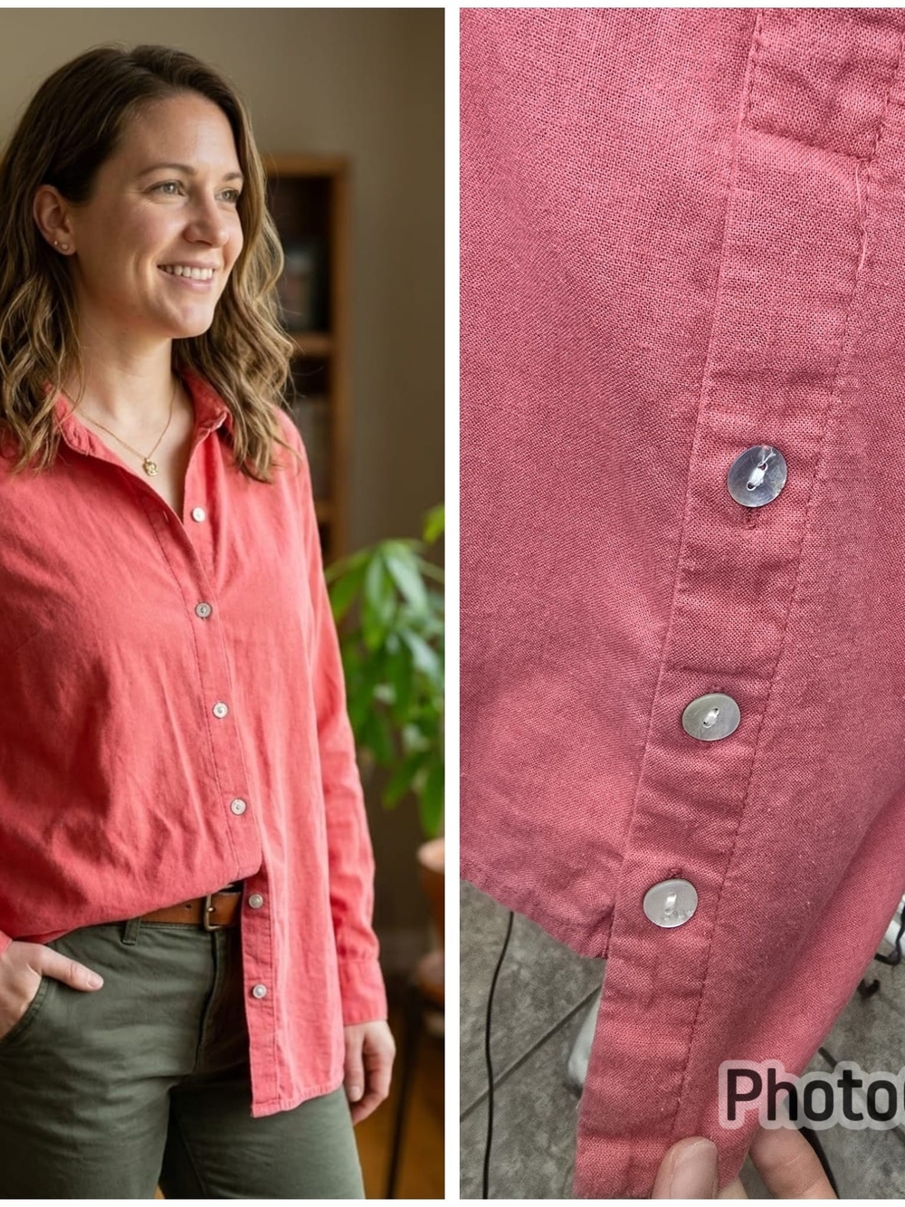 New Directions Women's Coral Pink Linen Blend Button-Down Shirt Size Small